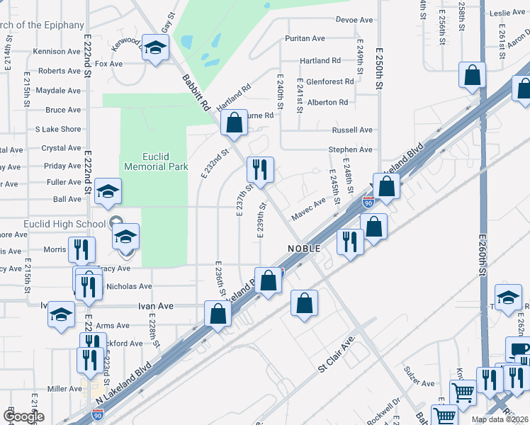 map of restaurants, bars, coffee shops, grocery stores, and more near 837 East 239th Street in Euclid