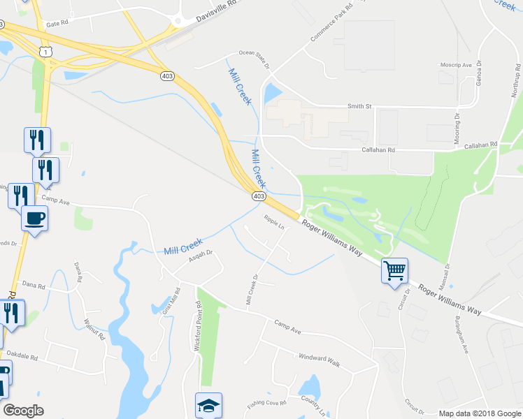map of restaurants, bars, coffee shops, grocery stores, and more near 199 Ripple Lane in North Kingstown
