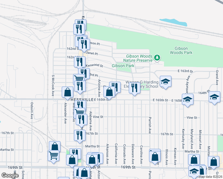 map of restaurants, bars, coffee shops, grocery stores, and more near 2940 Cleveland Street in Hammond