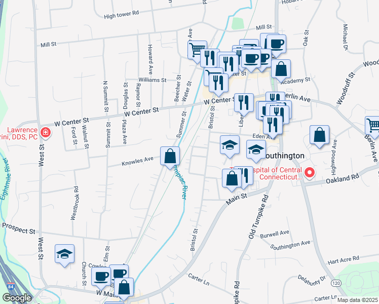 map of restaurants, bars, coffee shops, grocery stores, and more near 50 Railroad Avenue in Southington