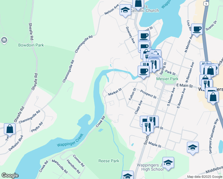 map of restaurants, bars, coffee shops, grocery stores, and more near 91 Market Street in Wappingers Falls