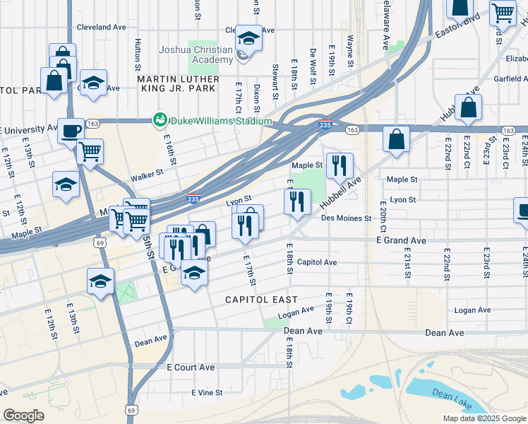 map of restaurants, bars, coffee shops, grocery stores, and more near 1751 Des Moines Street in Des Moines