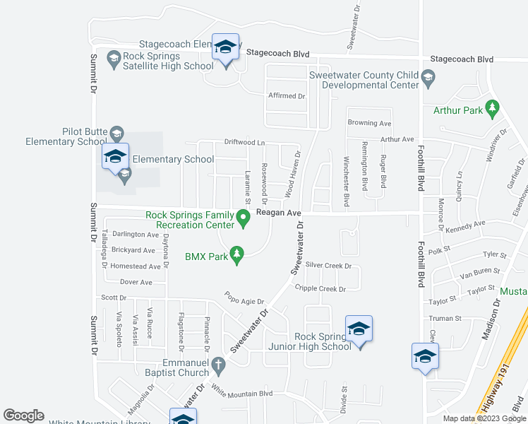 map of restaurants, bars, coffee shops, grocery stores, and more near 900 Rosewood Drive in Rock Springs