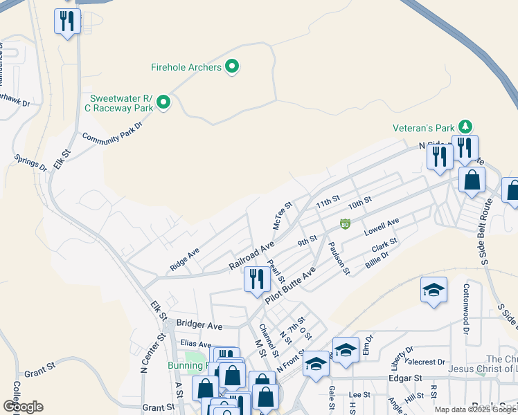 map of restaurants, bars, coffee shops, grocery stores, and more near 920 Ridge Avenue in Rock Springs