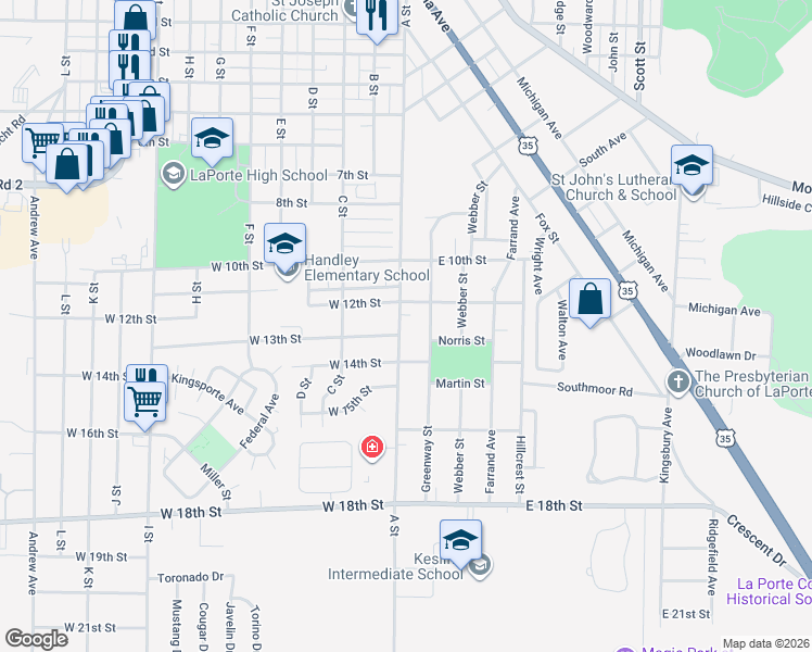 map of restaurants, bars, coffee shops, grocery stores, and more near 1209 A Street in La Porte