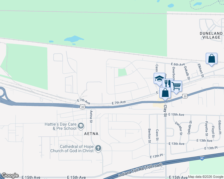 map of restaurants, bars, coffee shops, grocery stores, and more near 4134 Miller Avenue in Gary