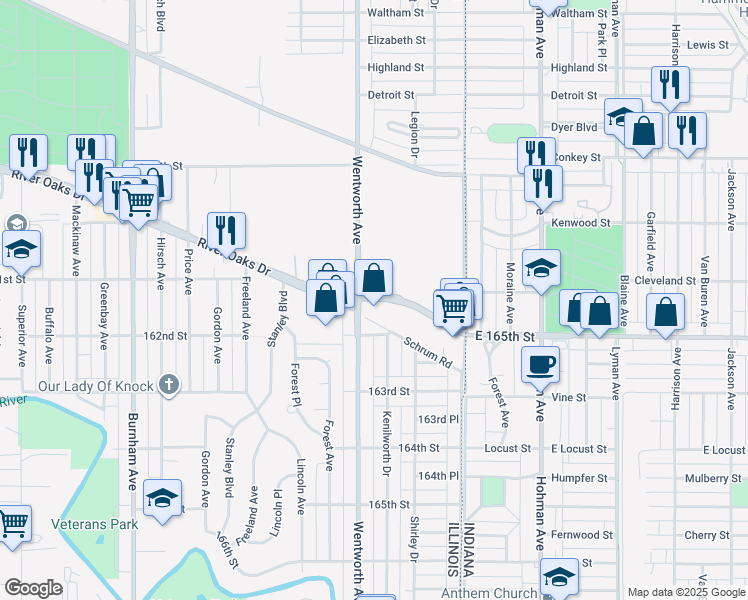 map of restaurants, bars, coffee shops, grocery stores, and more near 147 River Oaks Drive in Calumet City