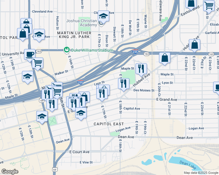 map of restaurants, bars, coffee shops, grocery stores, and more near 1751 Des Moines Street in Des Moines
