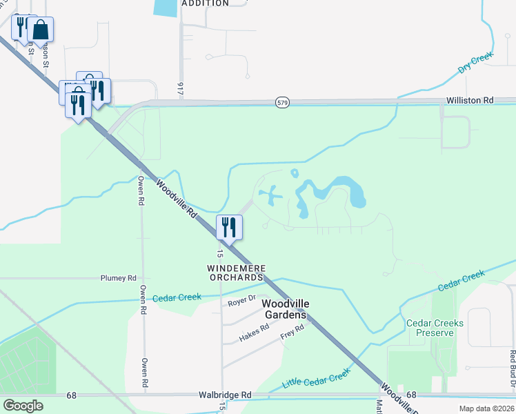 map of restaurants, bars, coffee shops, grocery stores, and more near 3611 Lakepointe Drive in Northwood