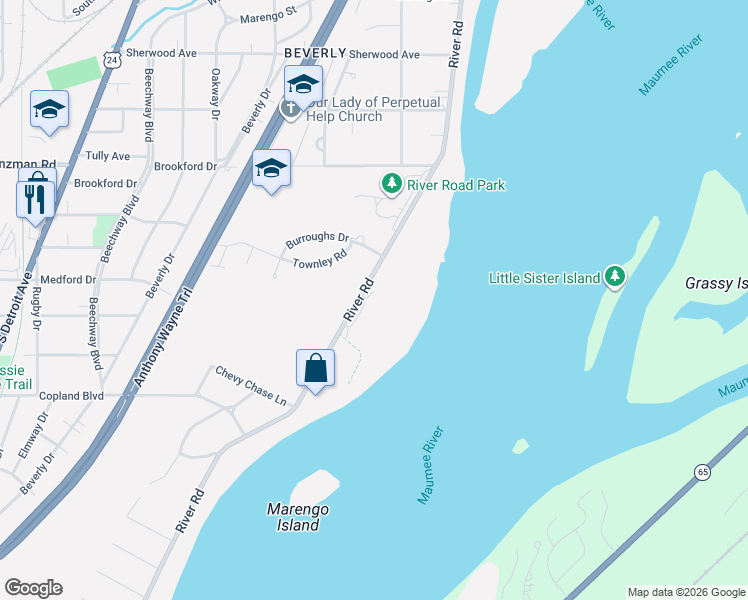 map of restaurants, bars, coffee shops, grocery stores, and more near 3827 River Road in Toledo