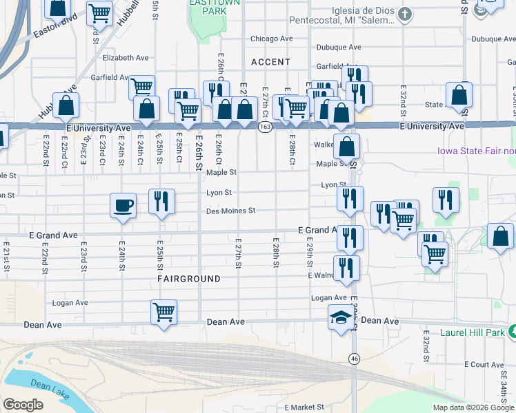 map of restaurants, bars, coffee shops, grocery stores, and more near 2735 Des Moines Street in Des Moines