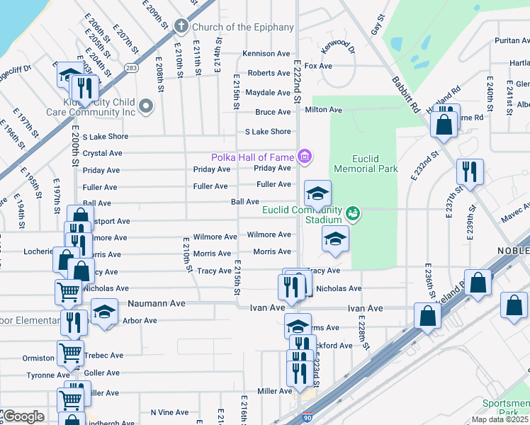 map of restaurants, bars, coffee shops, grocery stores, and more near 21841 Westport Avenue in Euclid
