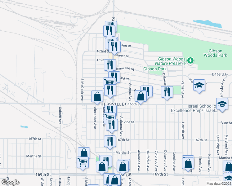 map of restaurants, bars, coffee shops, grocery stores, and more near 6423 Kennedy Avenue in Hammond
