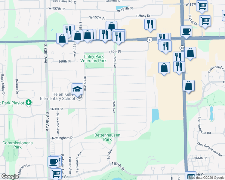map of restaurants, bars, coffee shops, grocery stores, and more near 16206 76th Avenue in Tinley Park