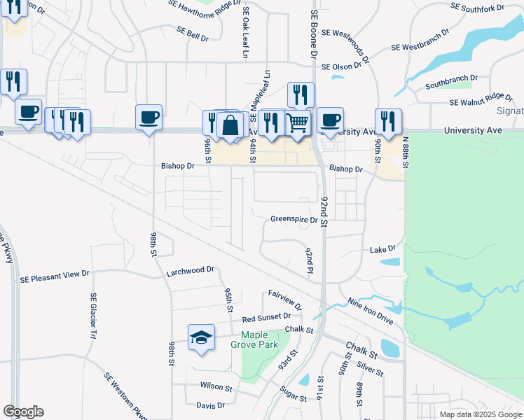 map of restaurants, bars, coffee shops, grocery stores, and more near 9405 Greenspire Drive in West Des Moines