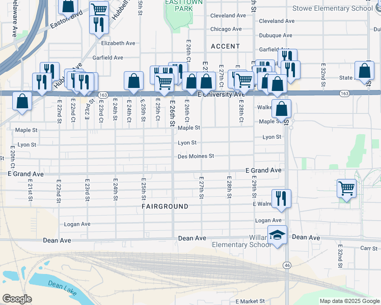 map of restaurants, bars, coffee shops, grocery stores, and more near 2628 Des Moines Street in Des Moines