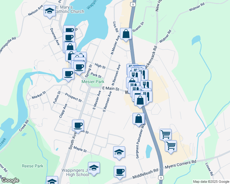 map of restaurants, bars, coffee shops, grocery stores, and more near 71 East Main Street in Wappingers Falls
