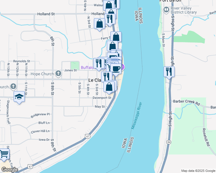 map of restaurants, bars, coffee shops, grocery stores, and more near 127 South 2nd Street in Le Claire