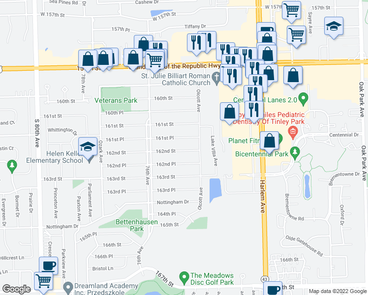 map of restaurants, bars, coffee shops, grocery stores, and more near 7428 162nd Street in Tinley Park
