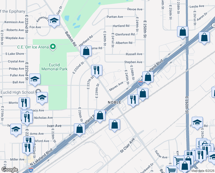 map of restaurants, bars, coffee shops, grocery stores, and more near 881 Babbitt Road in Euclid