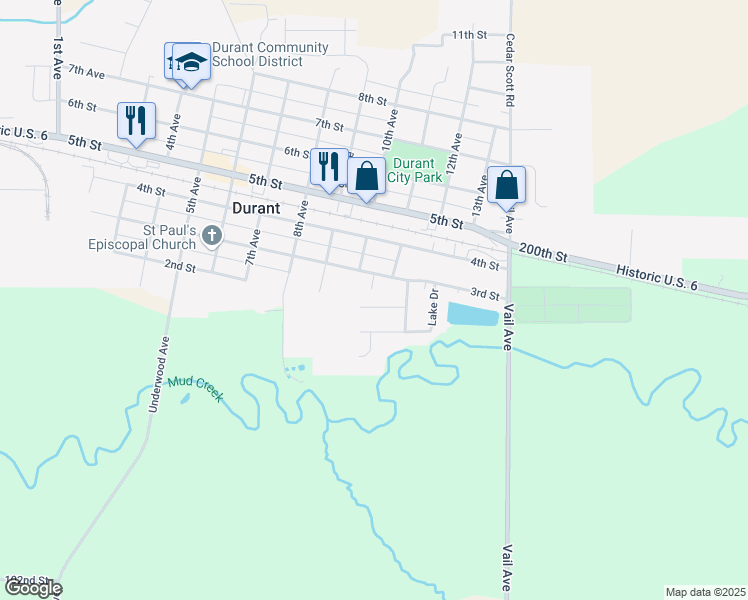 map of restaurants, bars, coffee shops, grocery stores, and more near 1100 Crestview Drive in Durant
