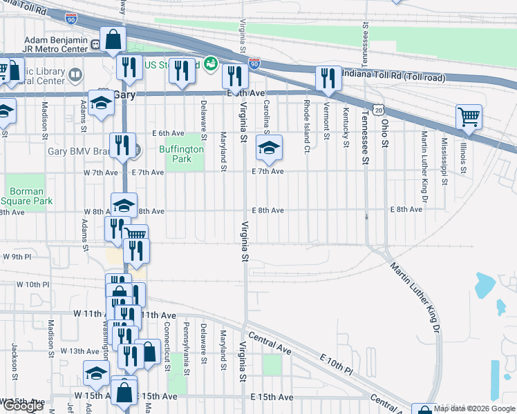 map of restaurants, bars, coffee shops, grocery stores, and more near 800 Carolina Street in Gary