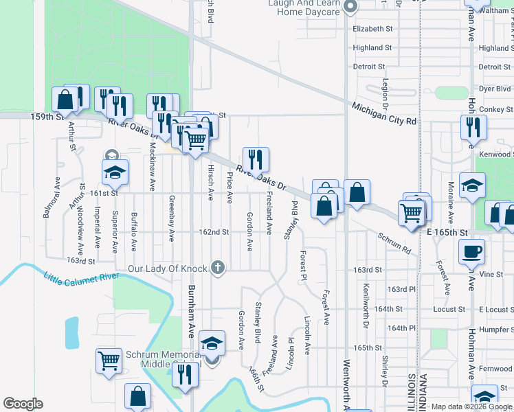 map of restaurants, bars, coffee shops, grocery stores, and more near 1321 Gordon Avenue in Calumet City