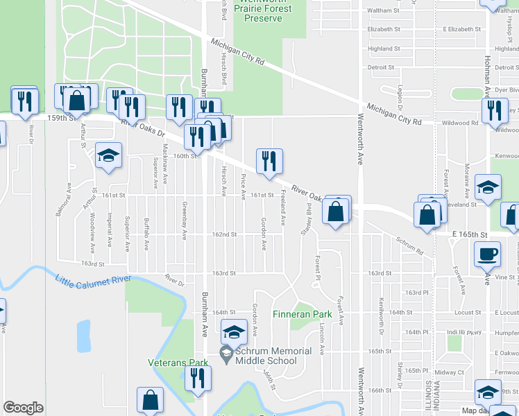 map of restaurants, bars, coffee shops, grocery stores, and more near 1321 Gordon Avenue in Calumet City