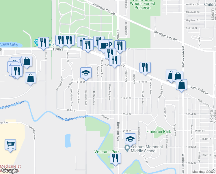 map of restaurants, bars, coffee shops, grocery stores, and more near 1319 Mackinaw Avenue in Calumet City