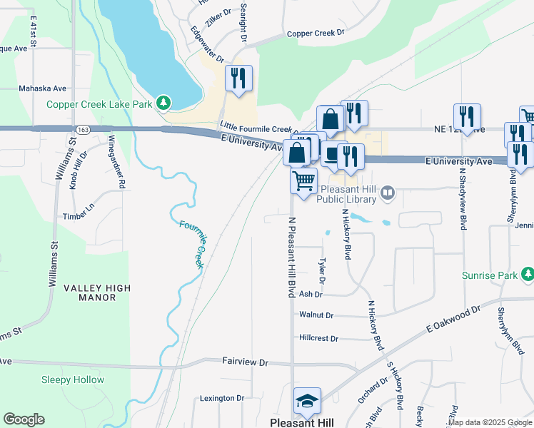 map of restaurants, bars, coffee shops, grocery stores, and more near 630 North Pleasant Hill Boulevard in Pleasant Hill