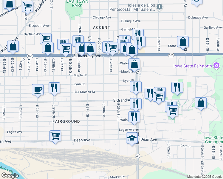 map of restaurants, bars, coffee shops, grocery stores, and more near 2807 Des Moines Street in Des Moines