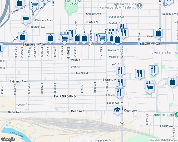 map of restaurants, bars, coffee shops, grocery stores, and more near 2735 Des Moines Street in Des Moines
