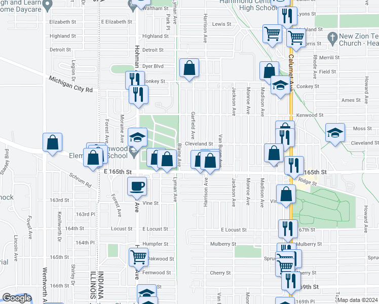 map of restaurants, bars, coffee shops, grocery stores, and more near 6416 Garfield Avenue in Hammond