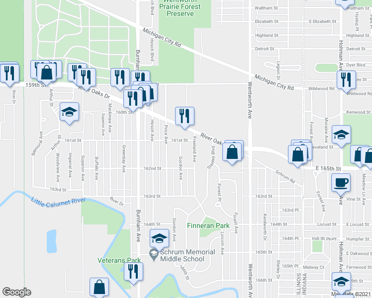 map of restaurants, bars, coffee shops, grocery stores, and more near 1321 Gordon Avenue in Calumet City