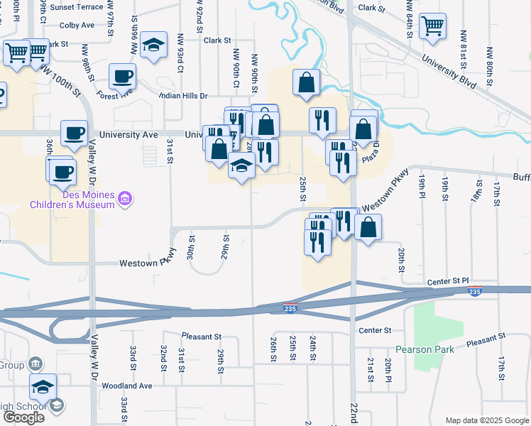 map of restaurants, bars, coffee shops, grocery stores, and more near 2701 Westown Parkway in West Des Moines