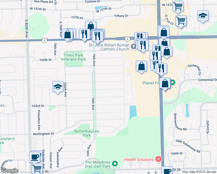 map of restaurants, bars, coffee shops, grocery stores, and more near 7437 162nd Street in Tinley Park