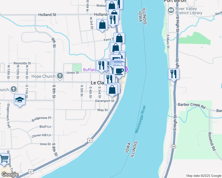 map of restaurants, bars, coffee shops, grocery stores, and more near 127 South 2nd Street in Le Claire