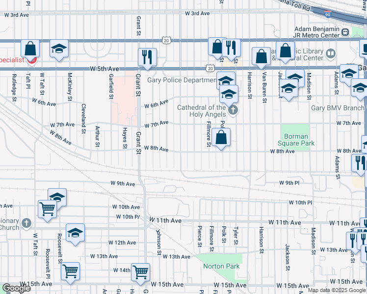 map of restaurants, bars, coffee shops, grocery stores, and more near 769 Buchanan Street in Gary