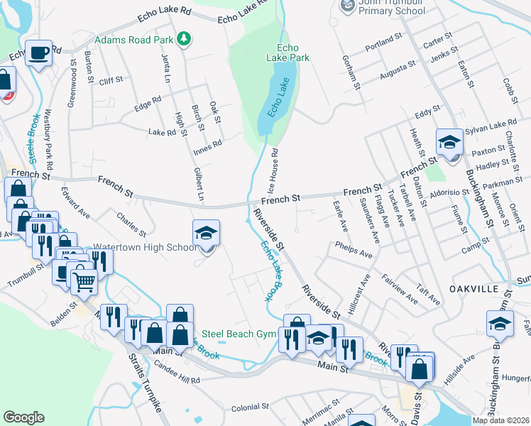 map of restaurants, bars, coffee shops, grocery stores, and more near 434 Riverside Street in Watertown