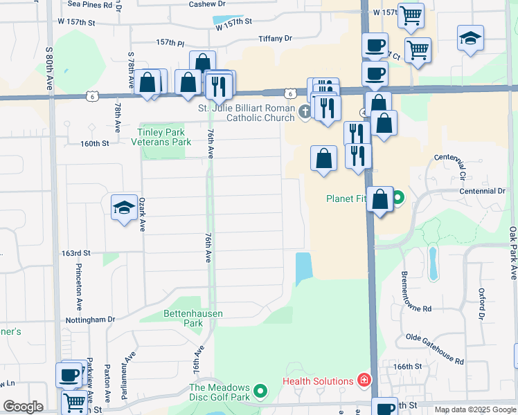 map of restaurants, bars, coffee shops, grocery stores, and more near 7437 162nd Street in Tinley Park