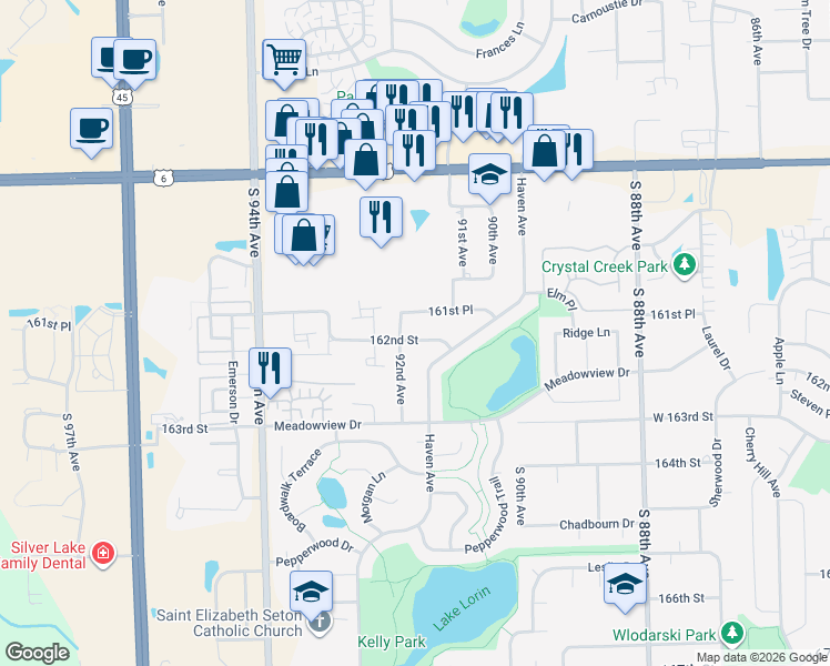 map of restaurants, bars, coffee shops, grocery stores, and more near 9180 162nd Street in Orland Hills