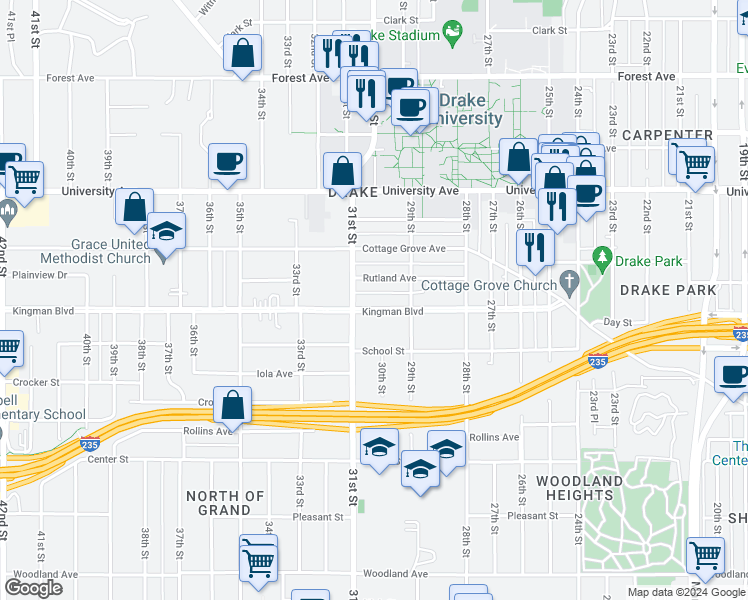 map of restaurants, bars, coffee shops, grocery stores, and more near 2933 Kingman Boulevard in Des Moines
