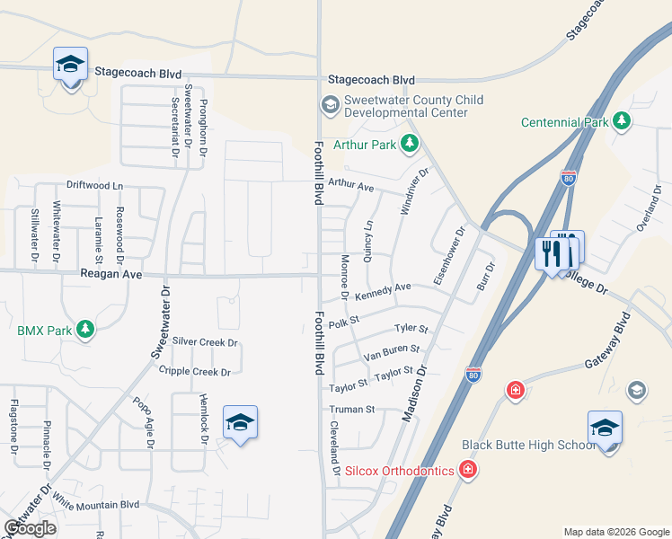 map of restaurants, bars, coffee shops, grocery stores, and more near 2018 Reagan Avenue in Rock Springs