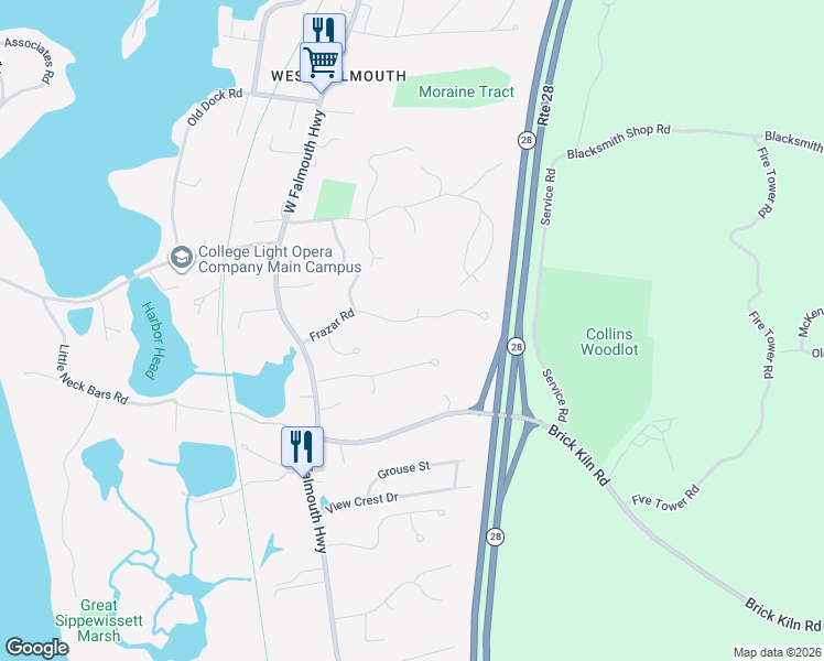 map of restaurants, bars, coffee shops, grocery stores, and more near 27 Fairway Lane in Falmouth