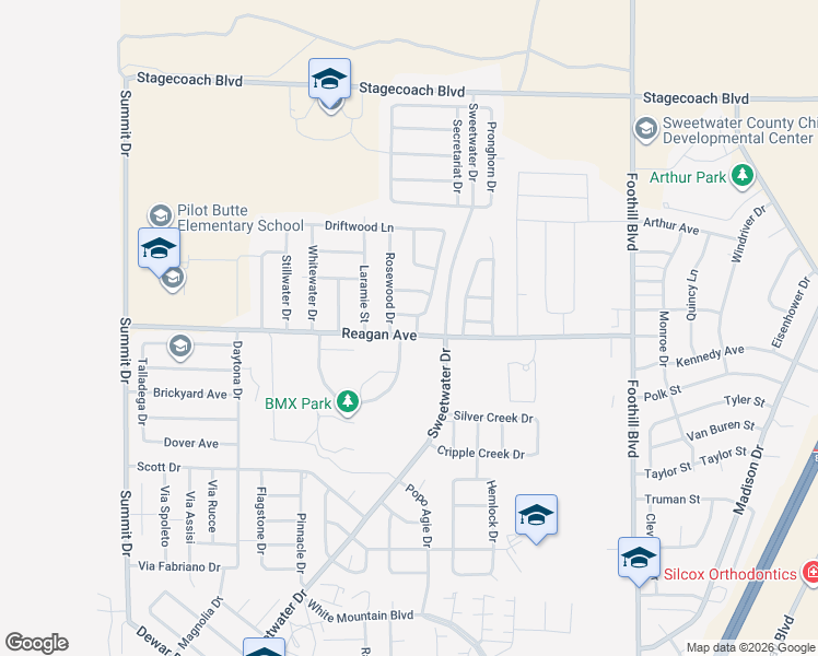 map of restaurants, bars, coffee shops, grocery stores, and more near 903 Rosewood Drive in Rock Springs