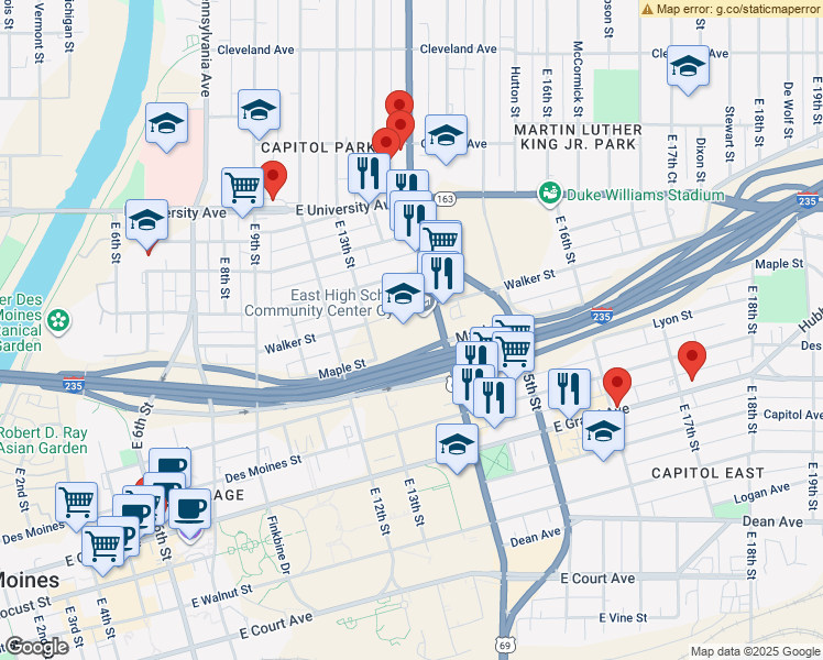 map of restaurants, bars, coffee shops, grocery stores, and more near 815 East 13th Street in Des Moines
