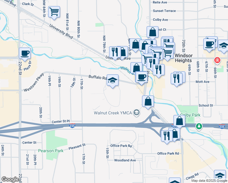 map of restaurants, bars, coffee shops, grocery stores, and more near 1400 Buffalo Road in West Des Moines