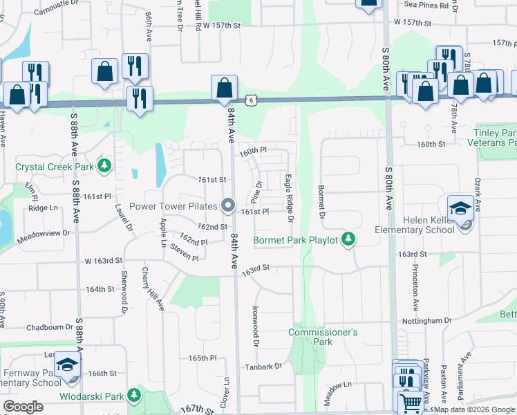 map of restaurants, bars, coffee shops, grocery stores, and more near 16135 Pine Drive in Tinley Park