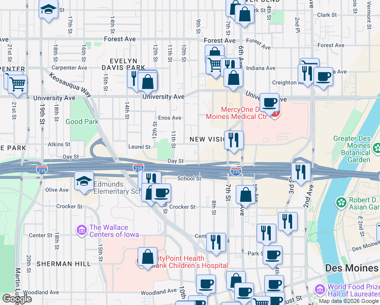 map of restaurants, bars, coffee shops, grocery stores, and more near 1040 9th Street in Des Moines