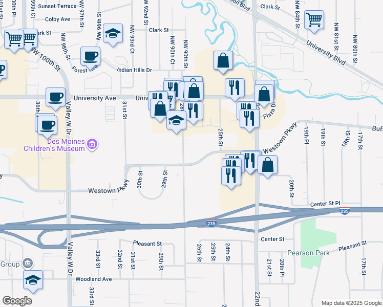 map of restaurants, bars, coffee shops, grocery stores, and more near 2701 Westown Parkway in West Des Moines